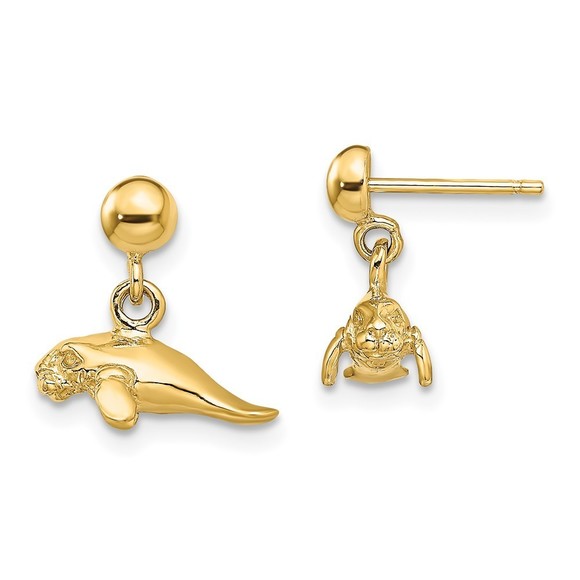 14K 3-D Polished Mini Manatee Dangle Earrings - Picture 1 of 4
